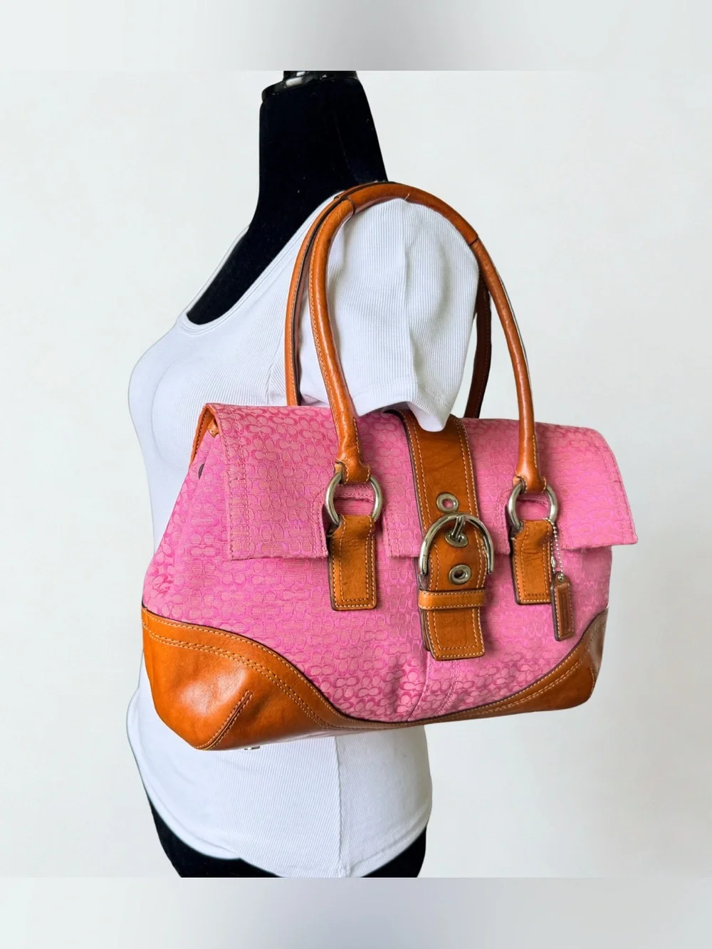 Coach Pink Canvas Satchel with Tan Leather Trim and Buckle Barbiecore